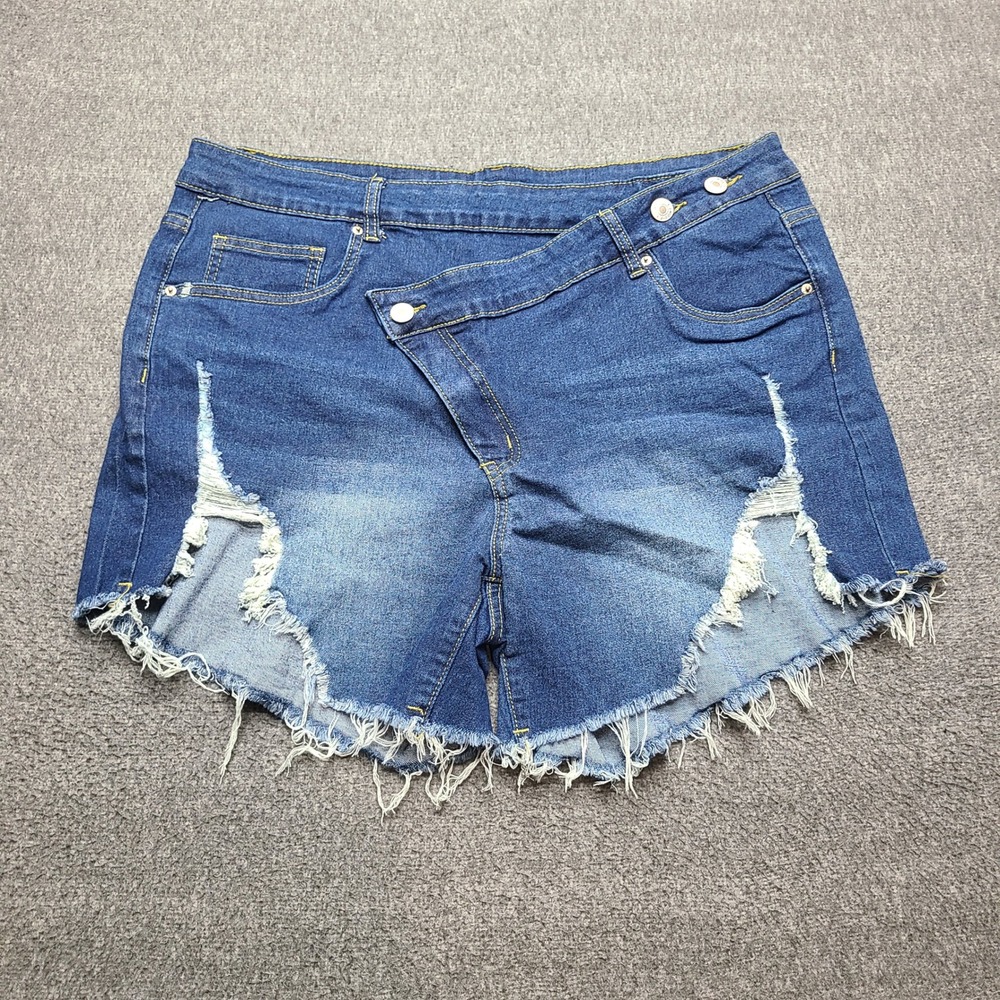 Unbranded Asymmetric Crossover Distressed Denim Shorts Blue XL Raw Hem High Rise